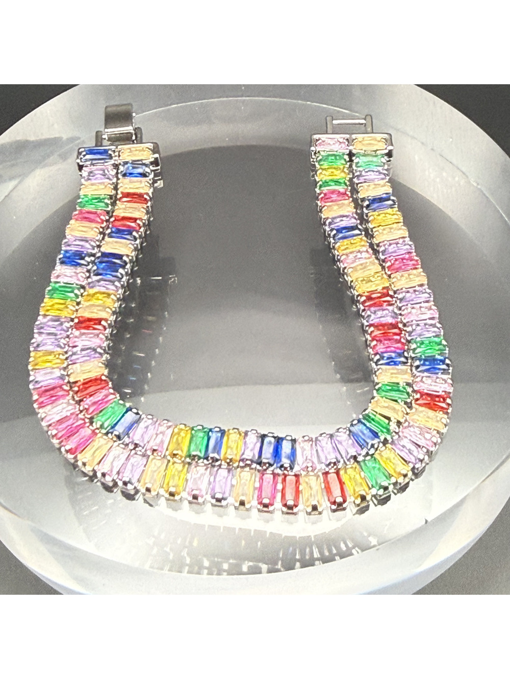 candy+clover double row rainbow baguette crystal tennis bracelet